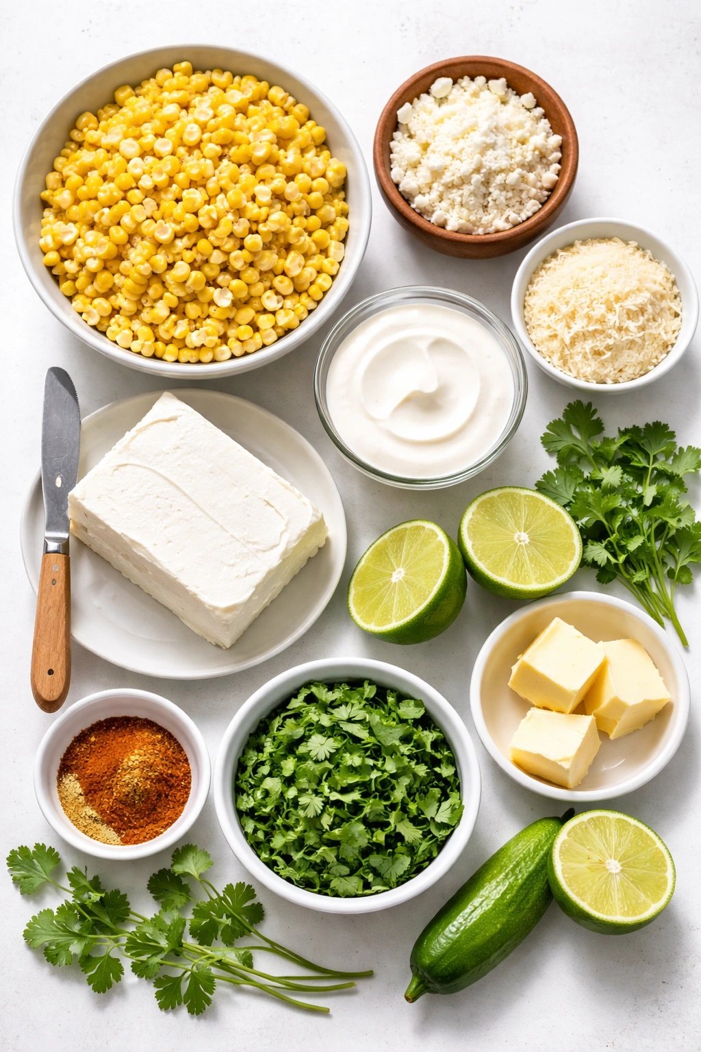 Flat lay of dip ingredients arranged on a white surface