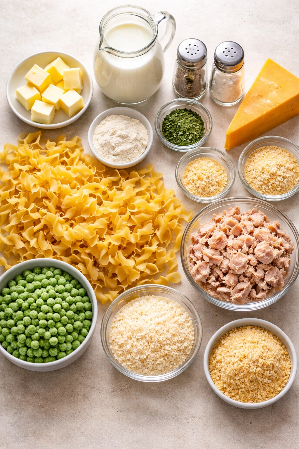 Flat lay of tuna noodle casserole ingredients including butter, flour, milk, cheese, noodles, peas, tuna, and breadcrumbs