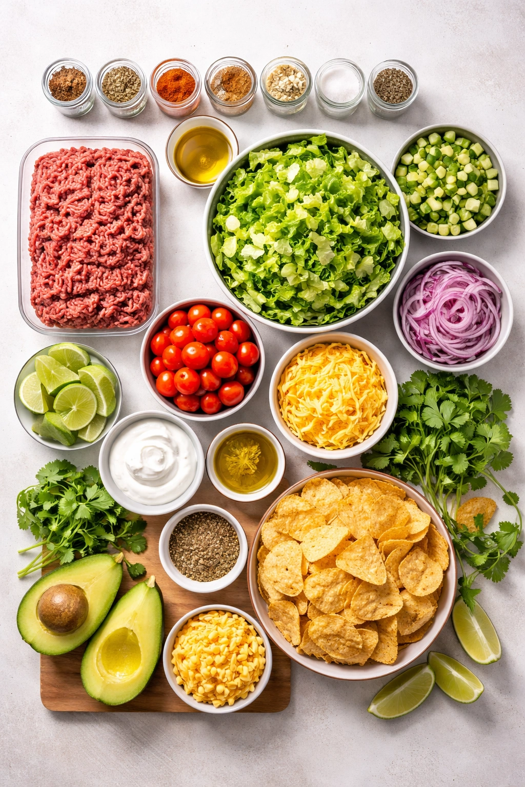 Top-down flat lay of complete taco salad ingredients arranged on a neutral surface