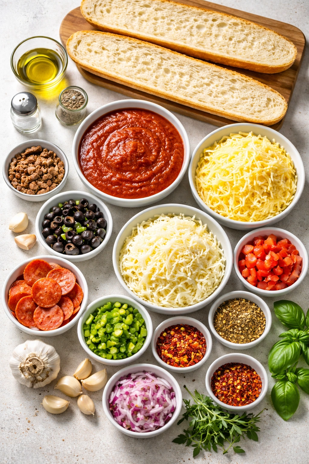 Overhead view of ingredients for French bread pizza neatly arranged