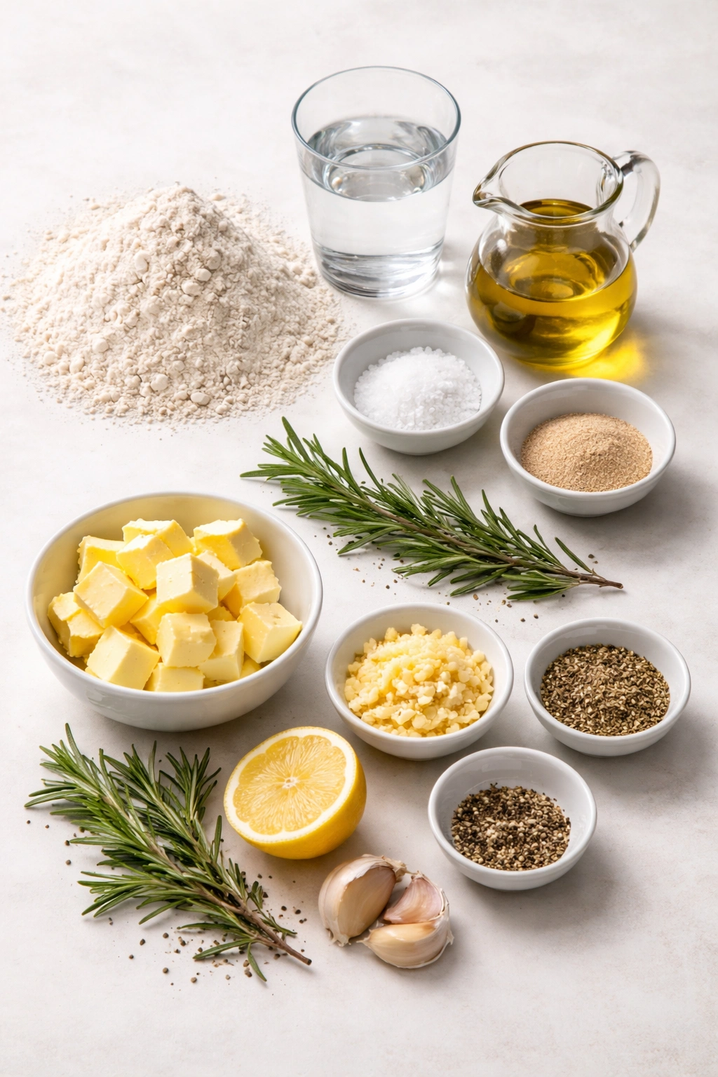 Top-down arrangement of flour, water, salt, yeast, oil, butter, garlic, rosemary, and pepper