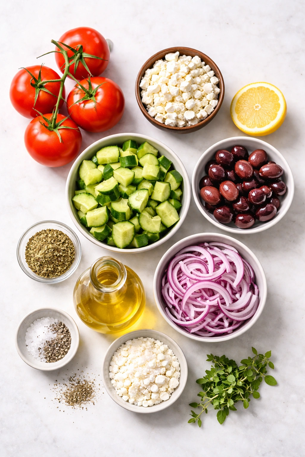 Arrangement of tomatoes, cucumber, red onion, olives, feta, lemon, oregano, oil and seasonings ready for Greek salad