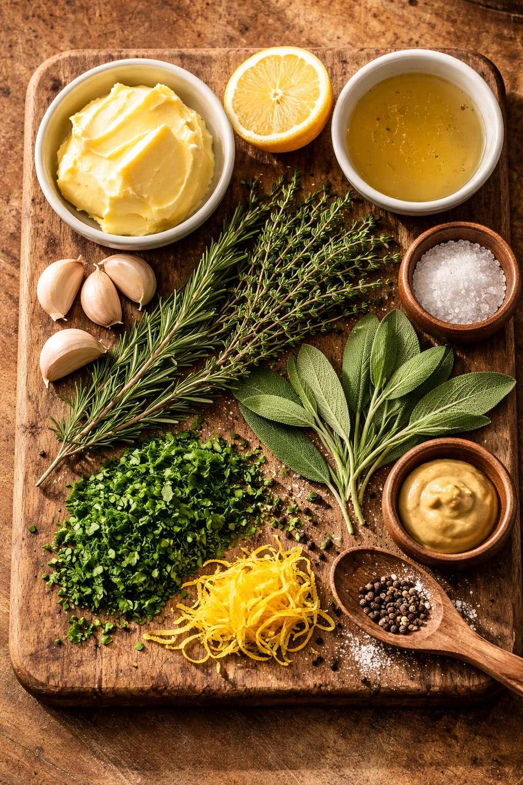 Close-up flat lay of herb-roasted turkey breast ingredients on a wooden board