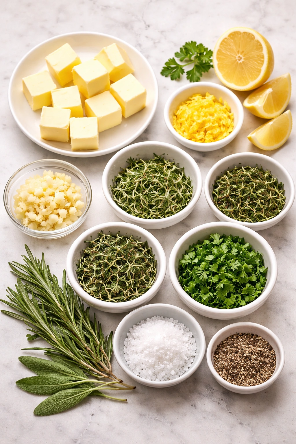 Arrangement of ingredients for herbed butter baste on a clean surface