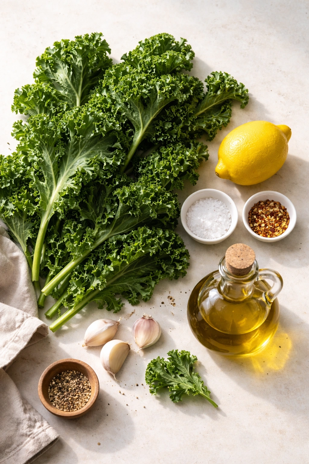 Still-life of essential ingredients for lemon kale salad including kale, lemon, garlic, and olive oil