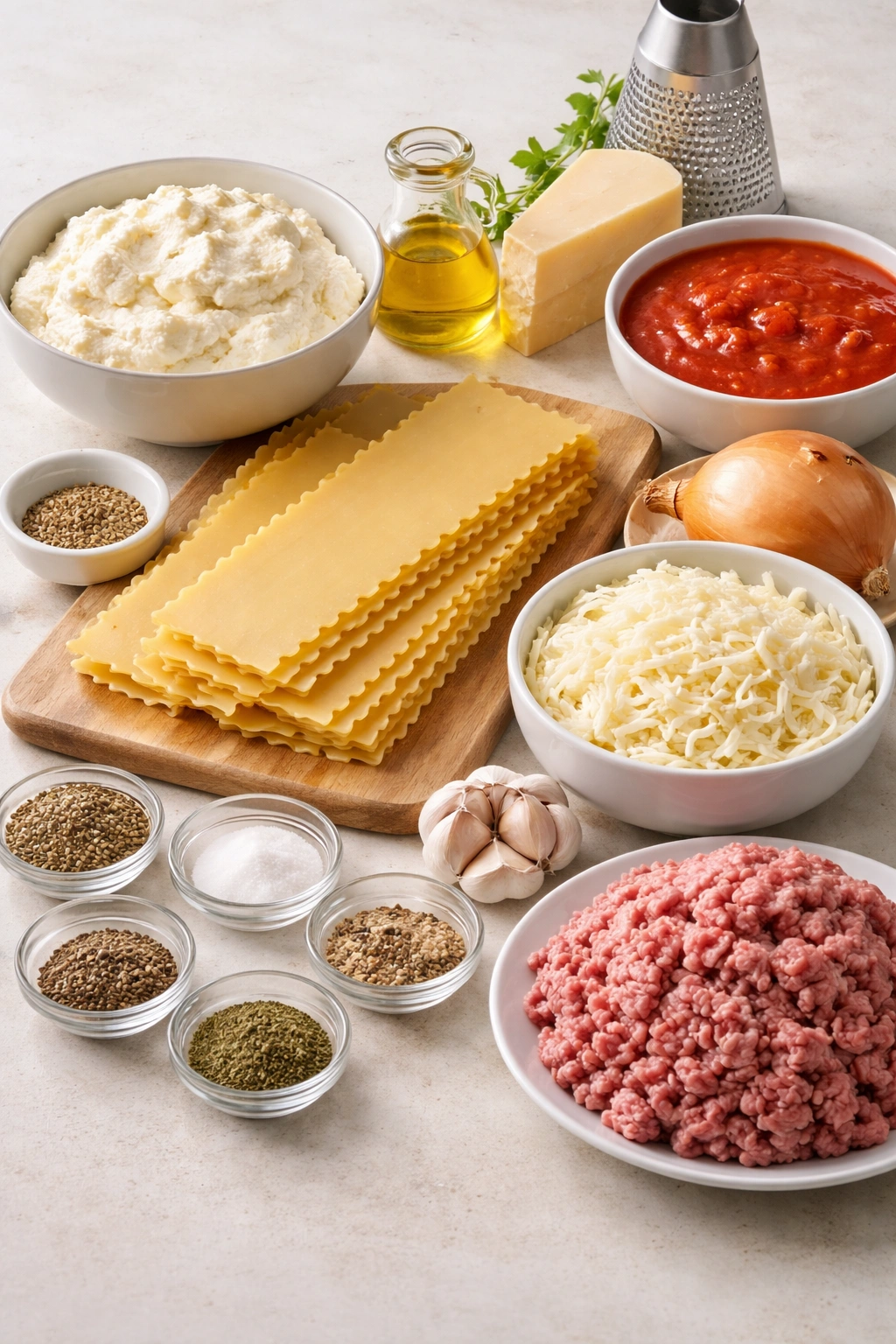 Still life of lasagna ingredients arranged on a clean surface