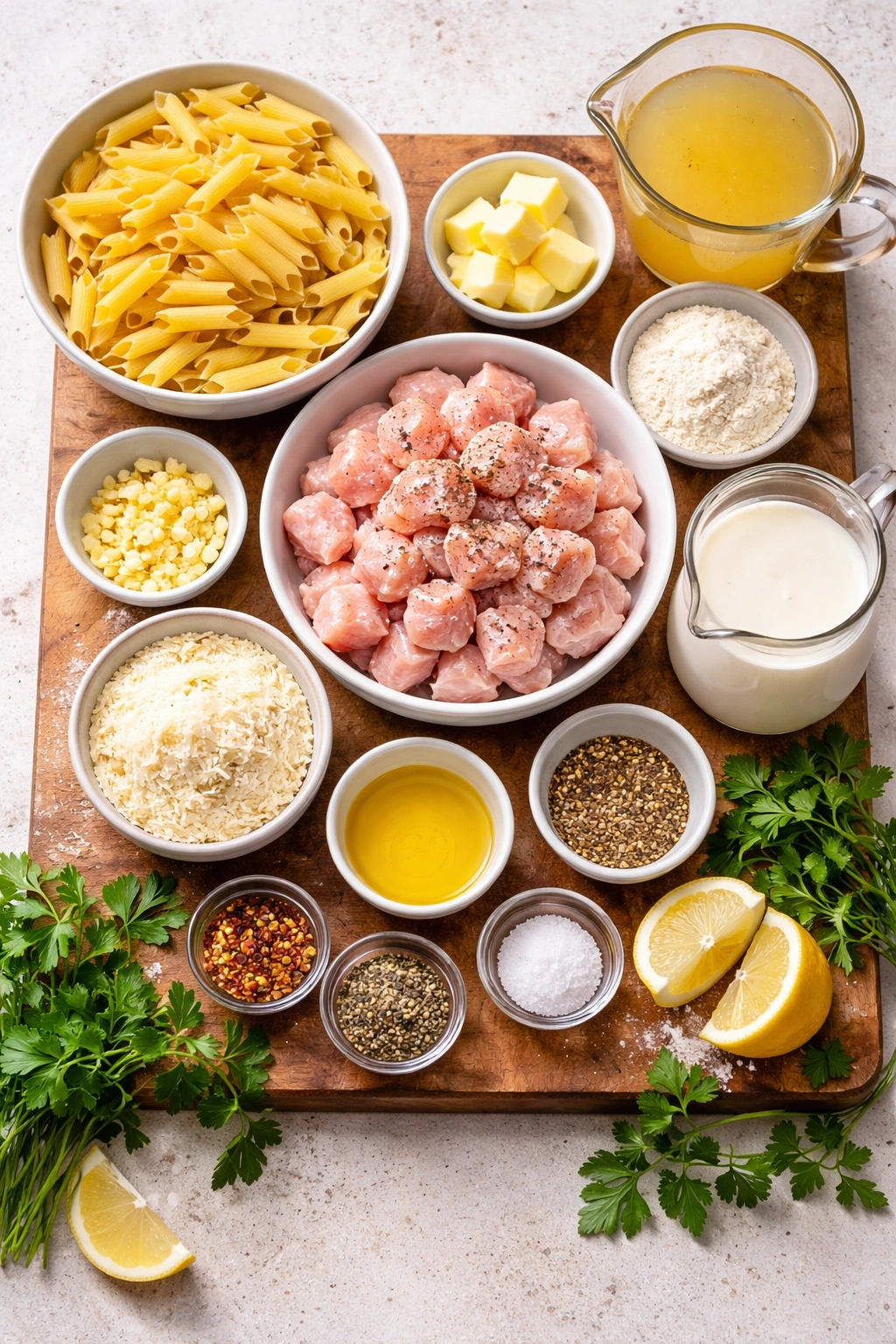 Top-down layout of ingredients for chicken penne pasta on a wooden board
