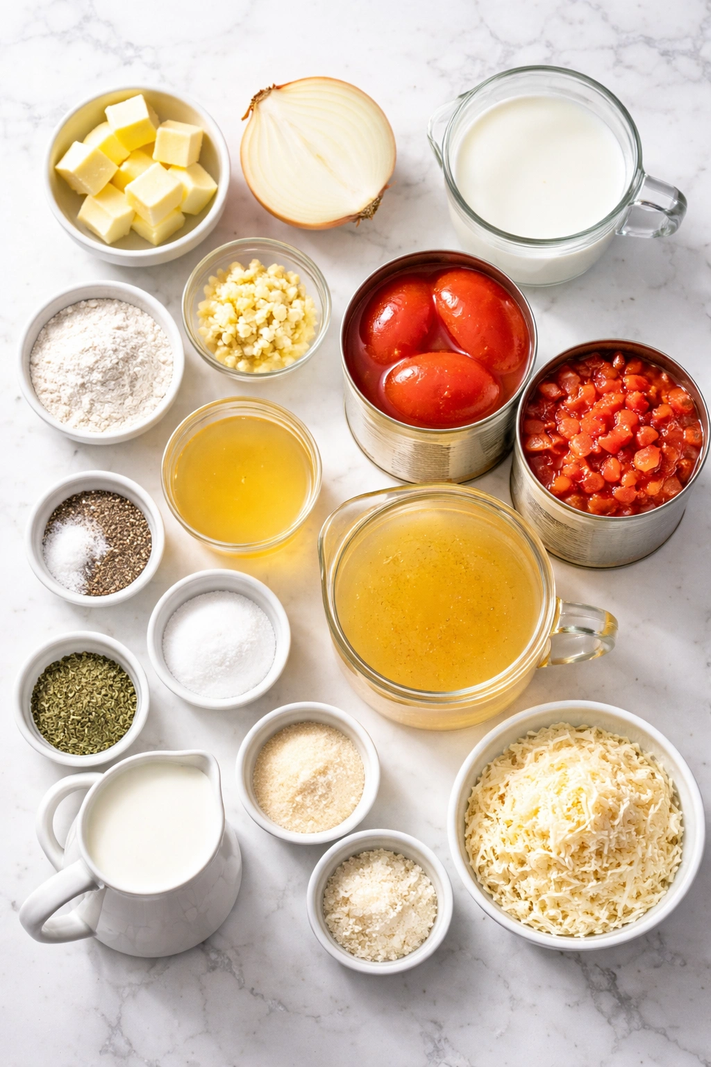 Top-down arrangement of the soup ingredients on a bright surface
