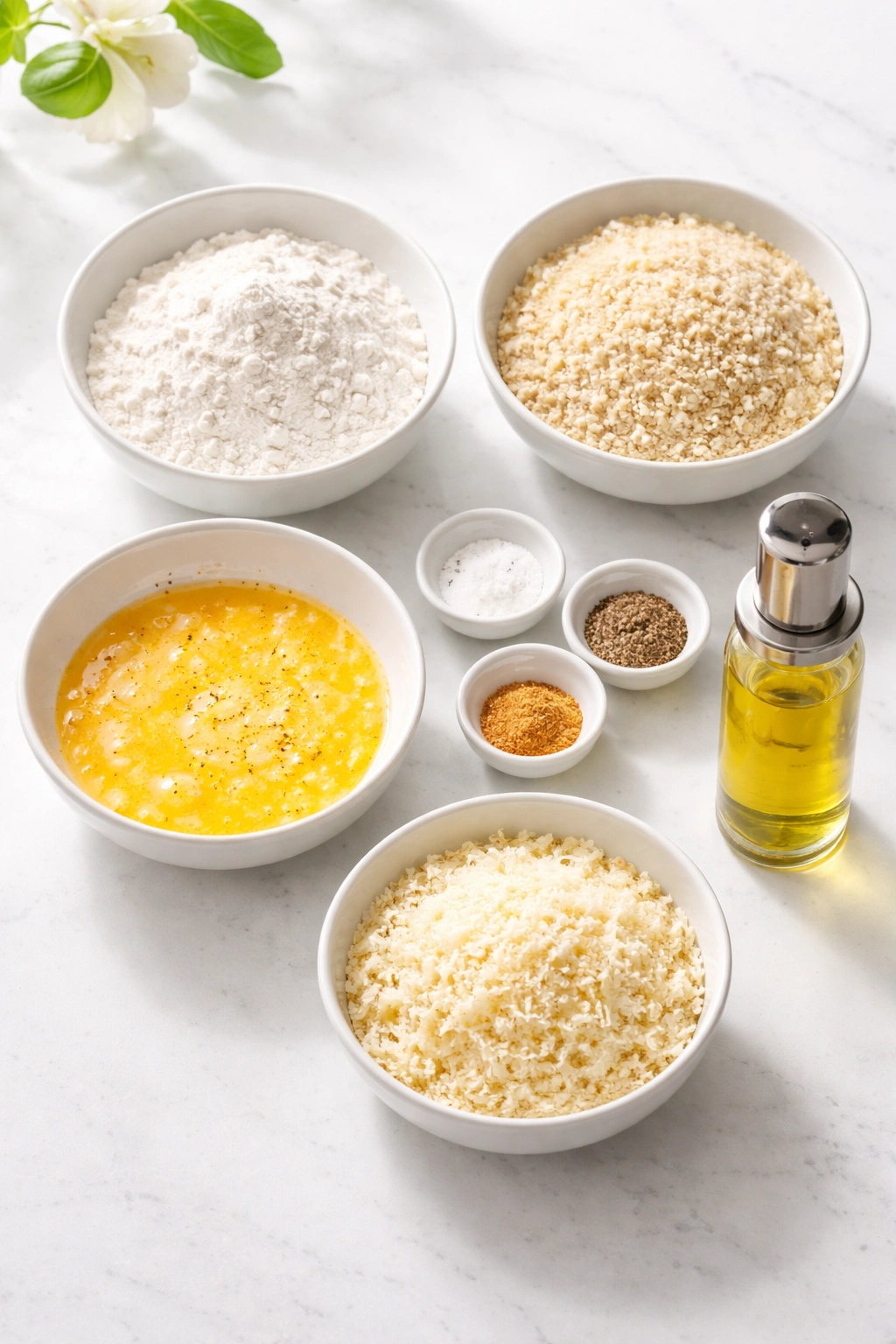 Arrangement of breading station ingredients on a counter