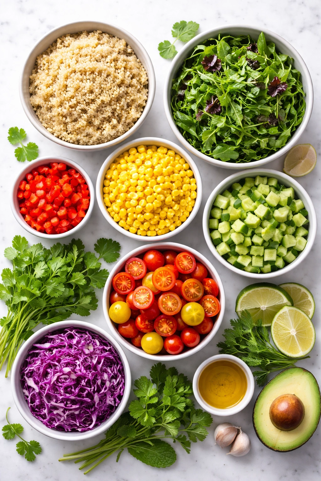Top-down arrangement of key ingredients for the corn and quinoa bowl