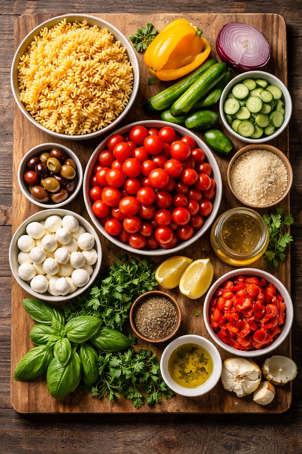 Top-down view of pasta salad ingredients arranged on board