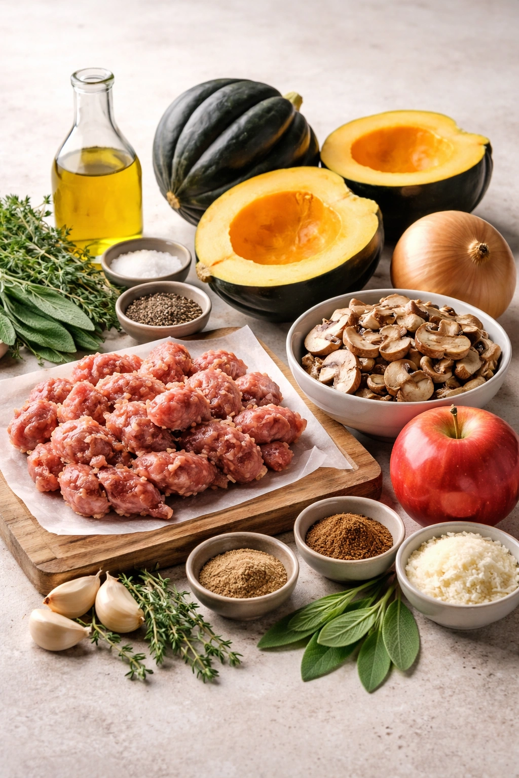 Ingredient items for the stuffed acorn squash laid out on a neutral surface.