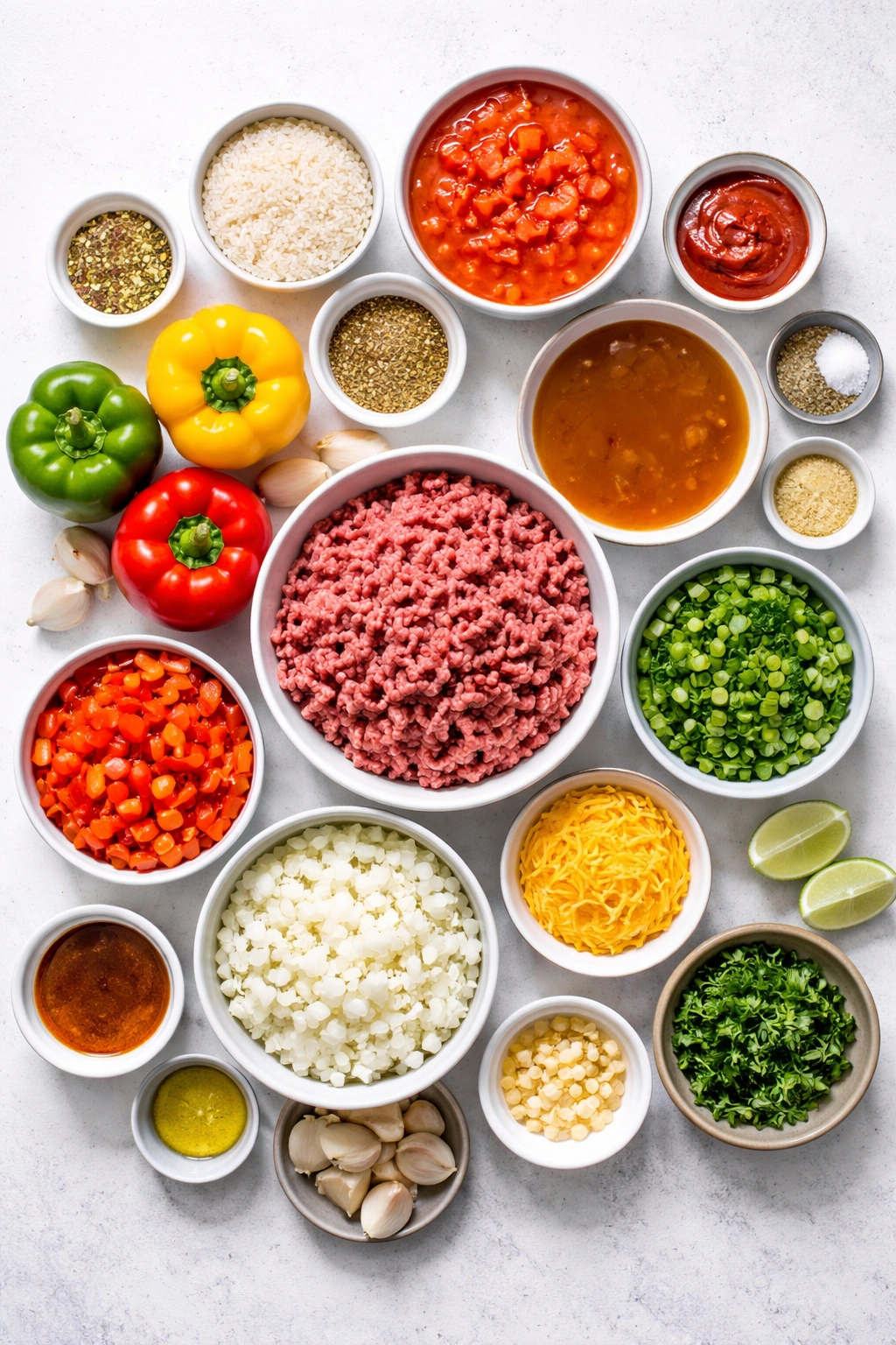 Top-down view of colorful ingredients arranged around a central pot