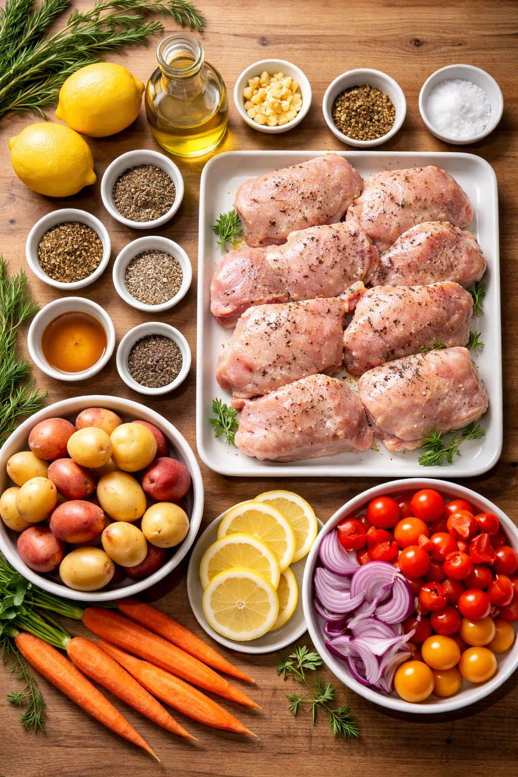 Top-down montage of lemon herb sheet-pan ingredients including chicken, vegetables, and aromatics on a wooden surface