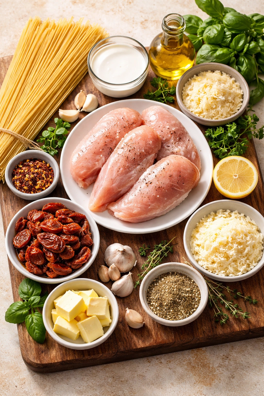 Overhead arrangement of ingredients for Marry Me Chicken Pasta on a wooden board