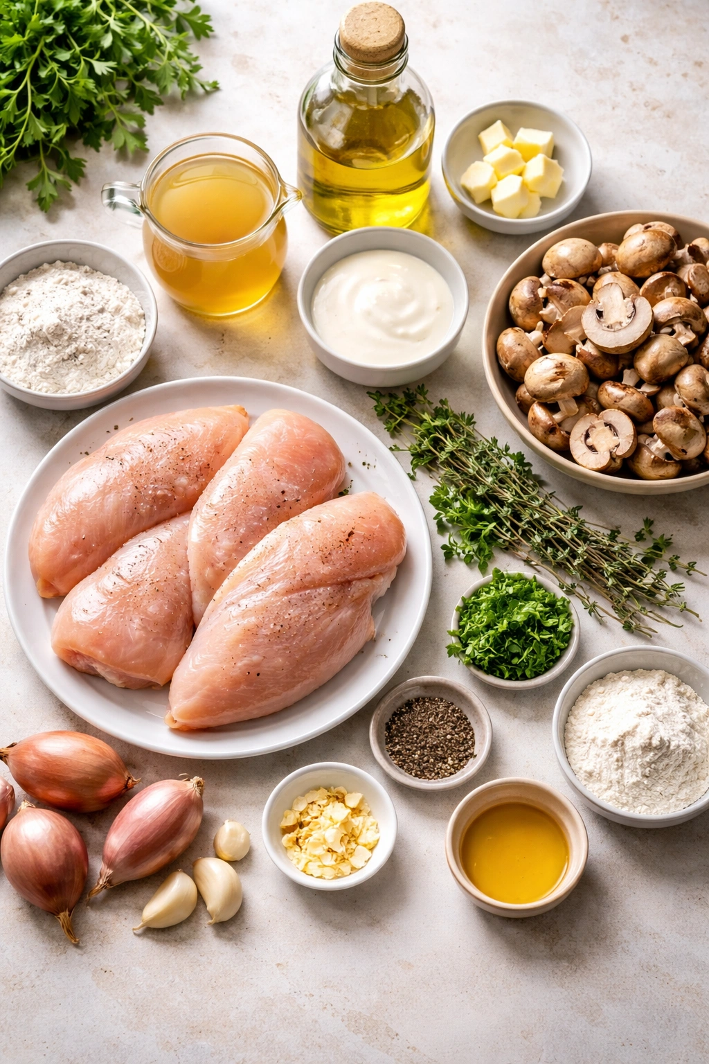 Flat lay of essential chicken marsala ingredients