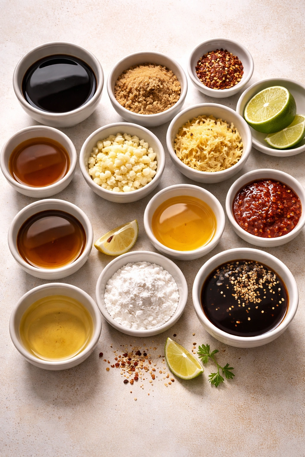 Arrangement of bowls with sauce ingredients in mise en place.