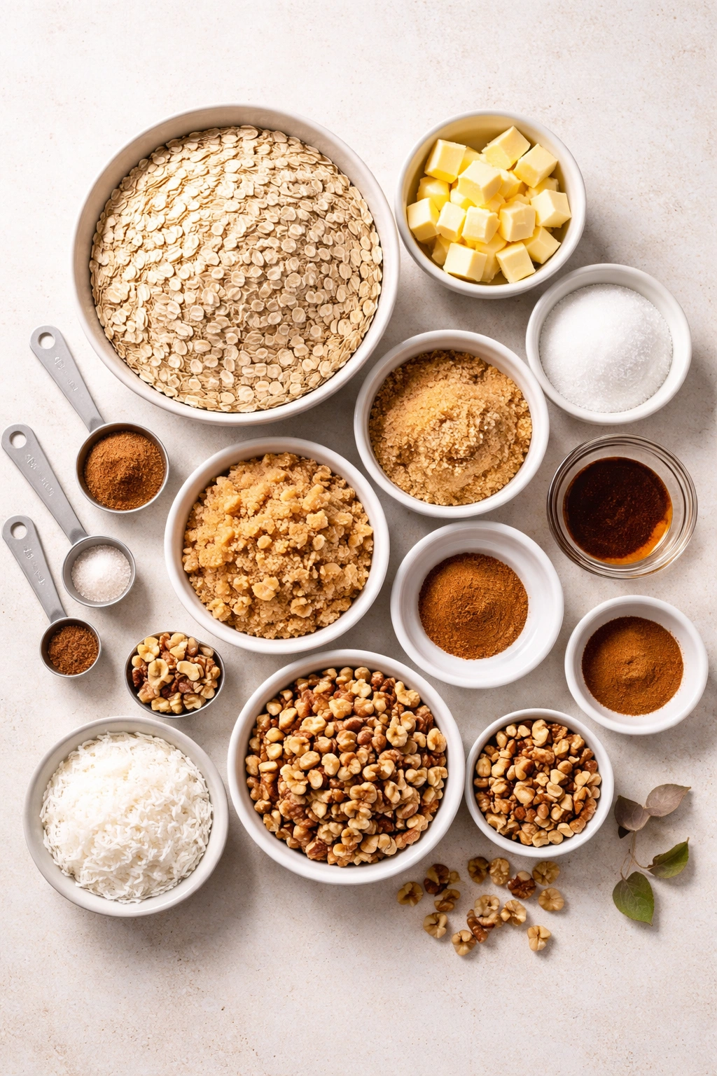 Assorted crisp ingredients arranged in bowls on a neutral countertop