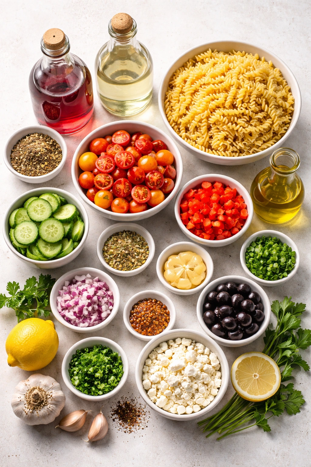 Assorted ingredients arranged for dressing and salad