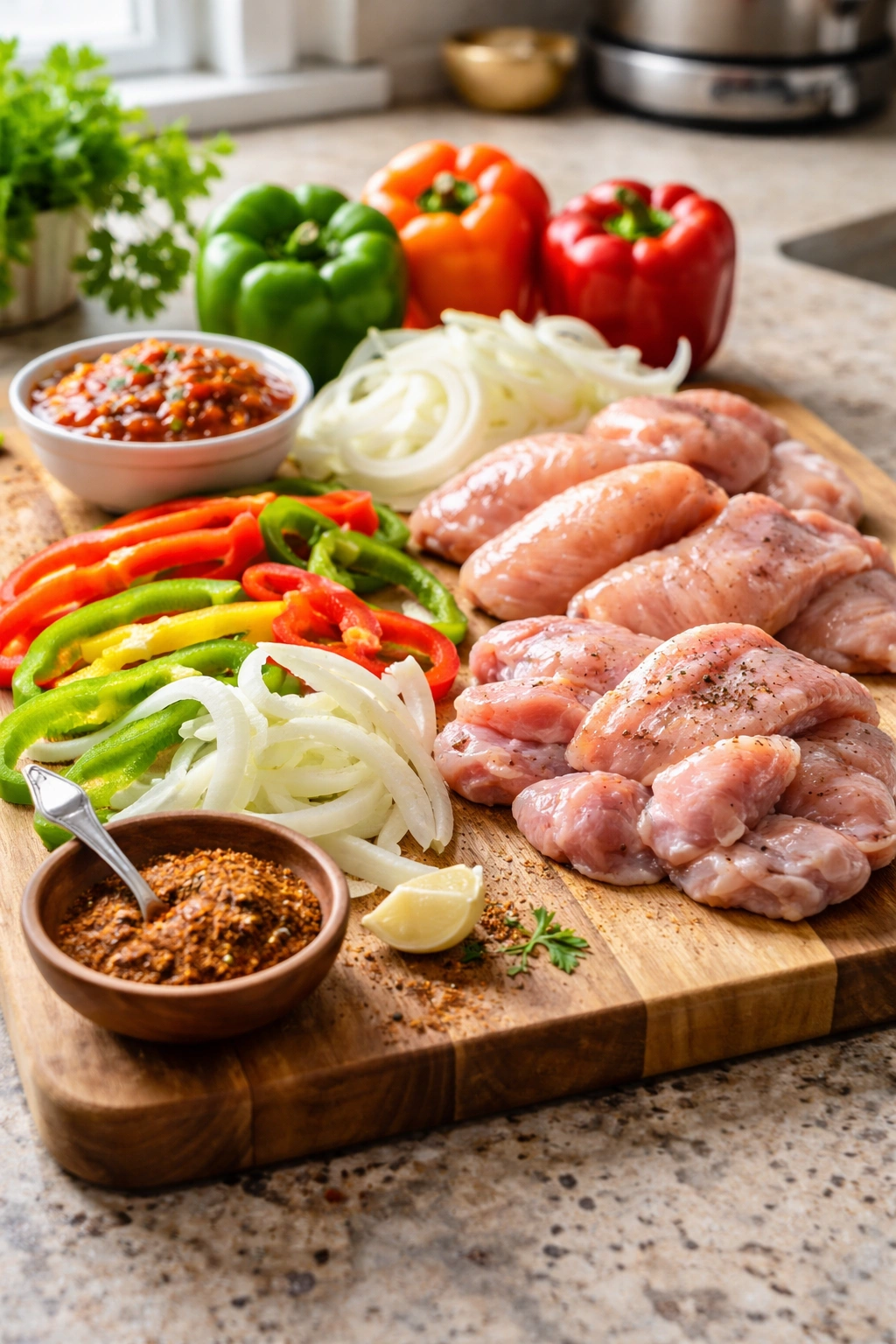 Raw chicken, peppers, and onions arranged on a cutting board with salsa and seasoning