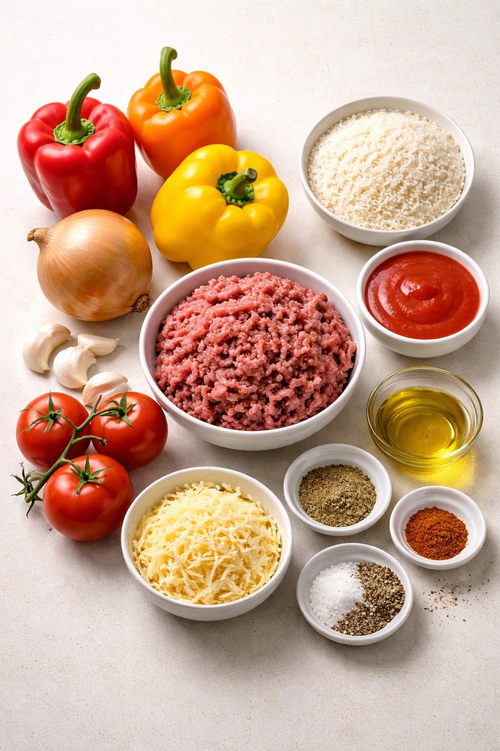 Ingredients arranged for stuffed peppers on a neutral surface