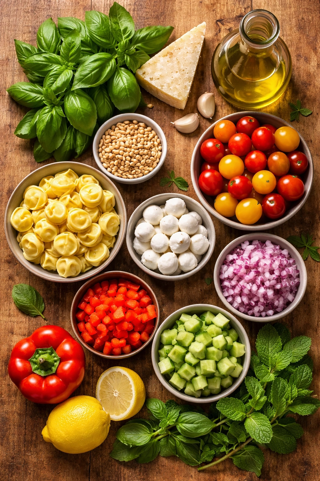 Top-down arrangement of pesto and salad ingredients on wood surface