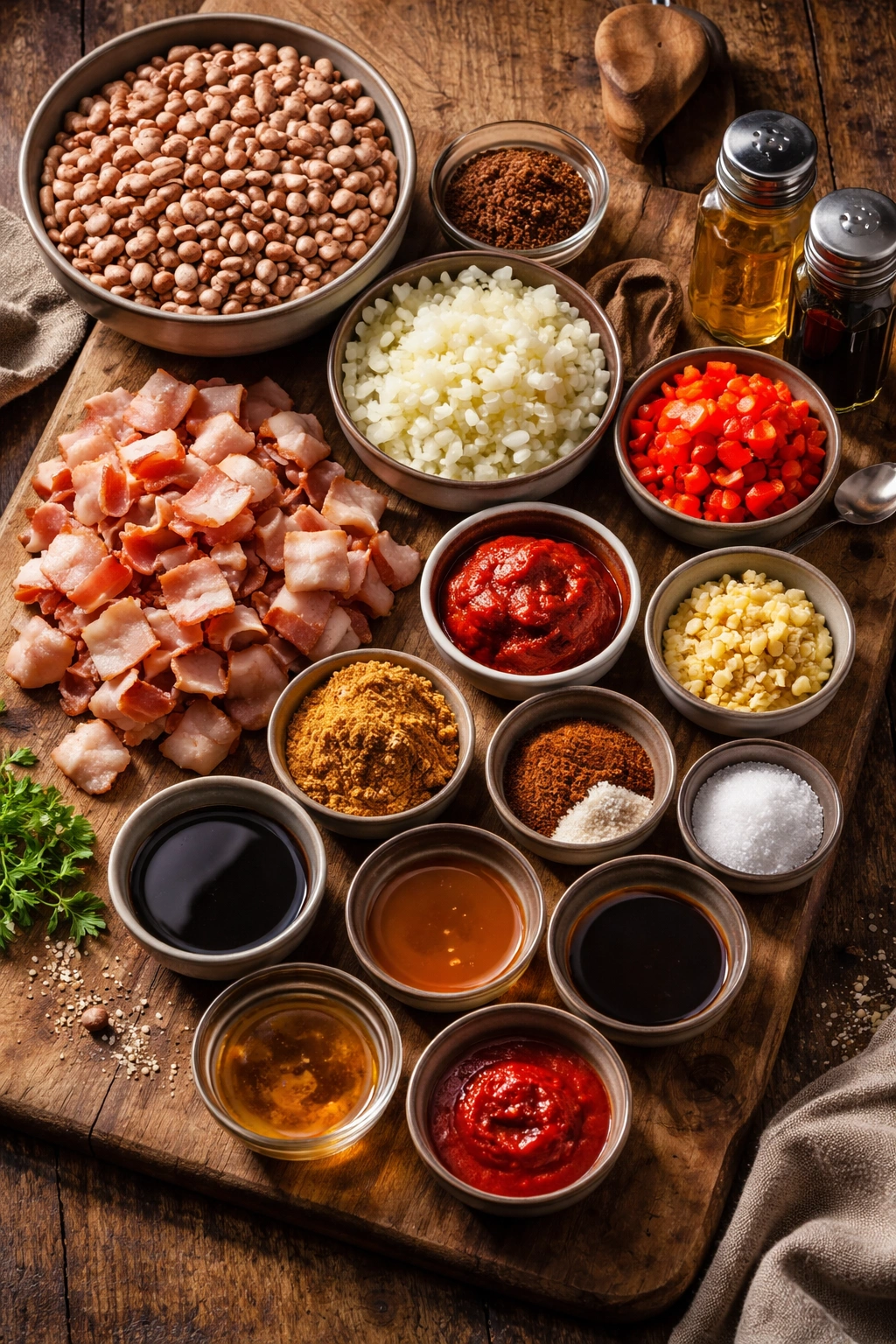 Close-up of cowboy pinto beans ingredients arranged on a rustic board