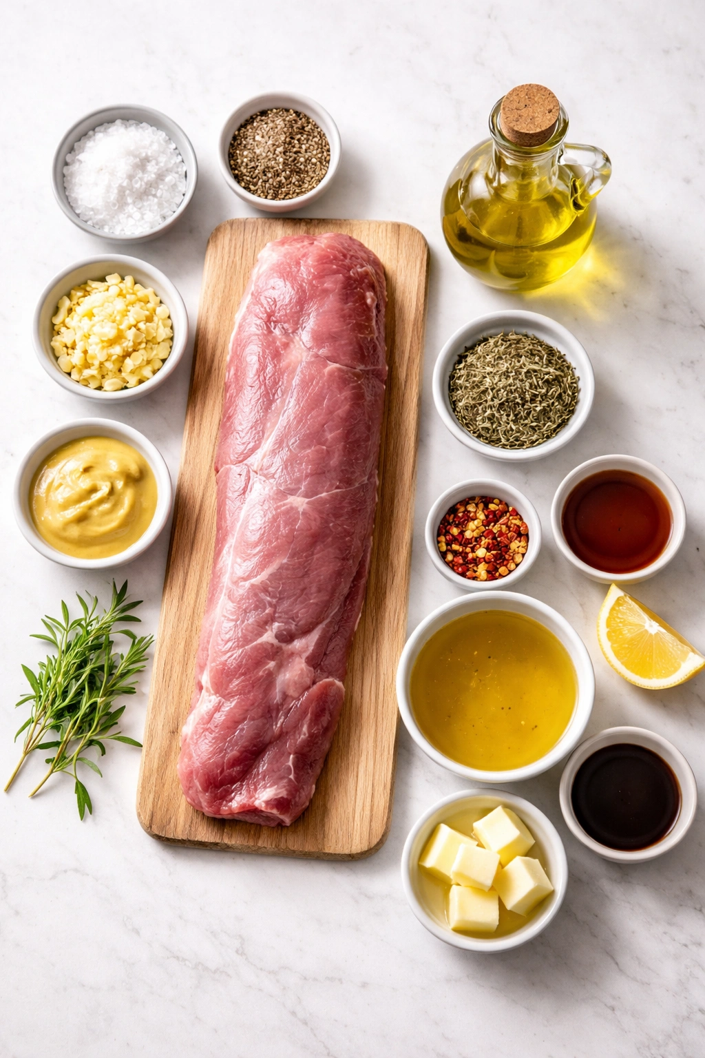 Flat lay of pork tenderloin ingredients