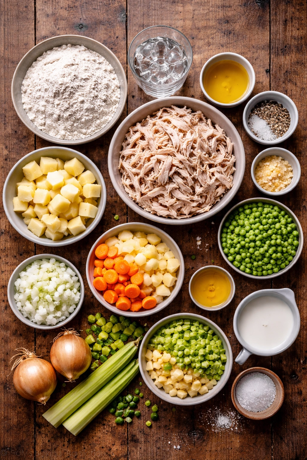 Top-down view of homemade chicken pot pie ingredients arranged on a wooden surface