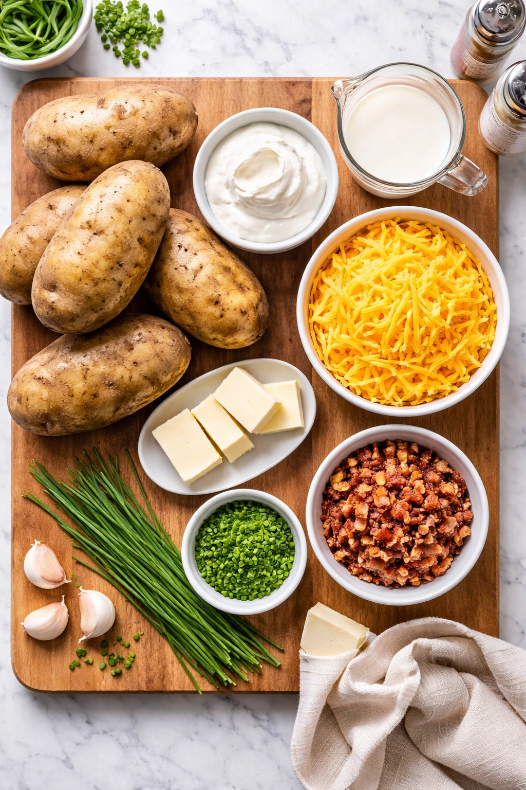 Raw ingredients for twice-baked potatoes arranged on a board