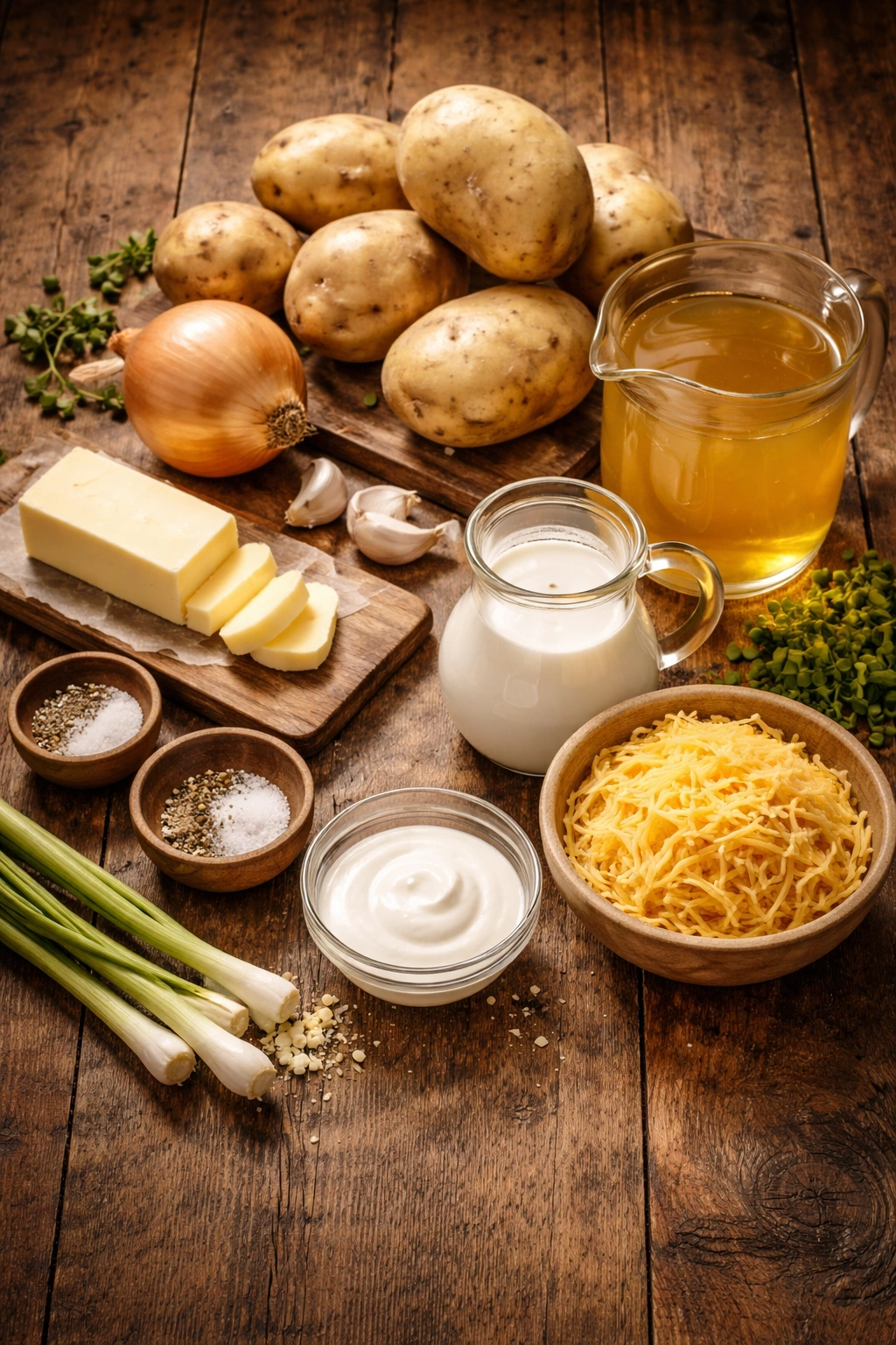 Top-down view of essential ingredients for potato soup on wood