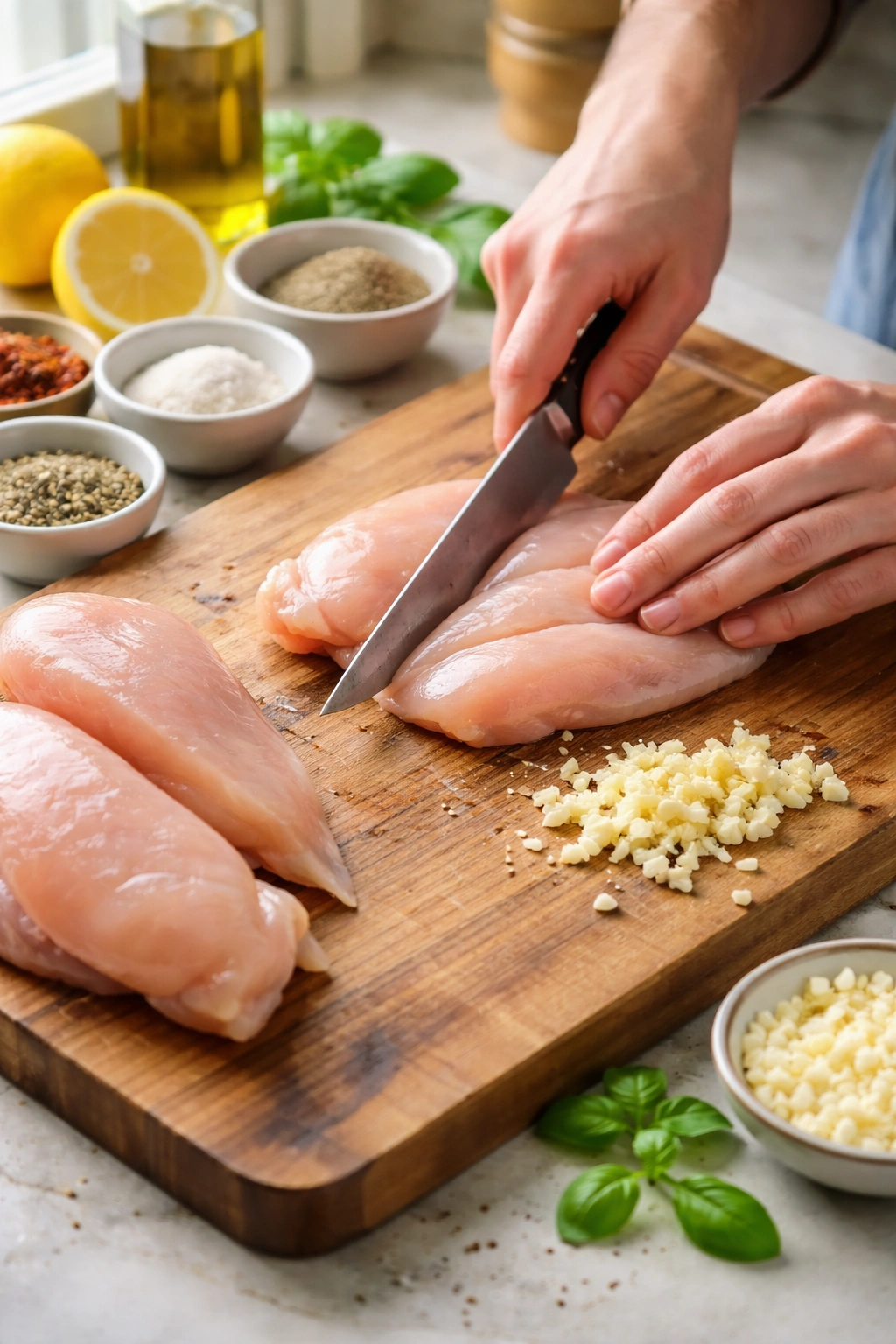 Hands trimming chicken on a cutting board with garlic and seasonings