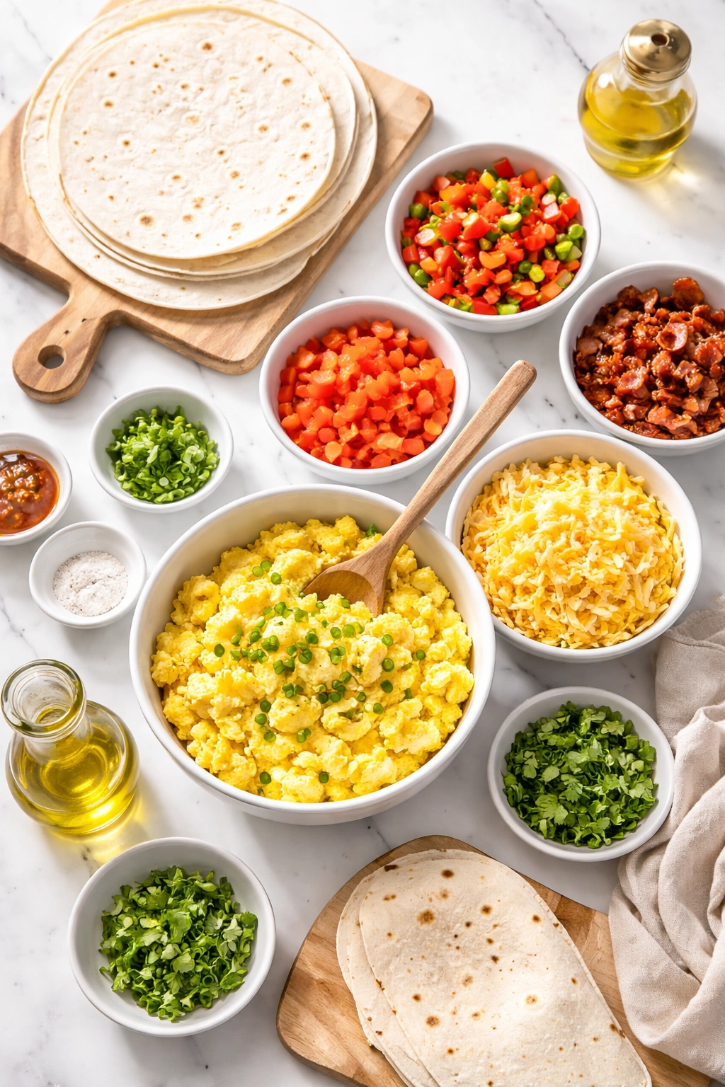 Prep station with eggs, peppers, cheese, and tortillas ready for quick assembly