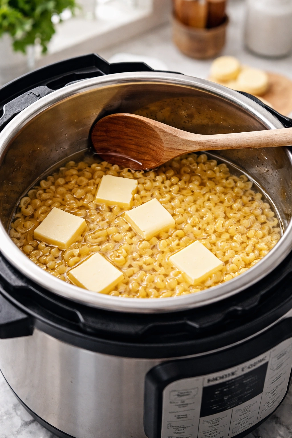 Close-up of Instant Pot inner pot with elbow macaroni submerged in liquid and butter