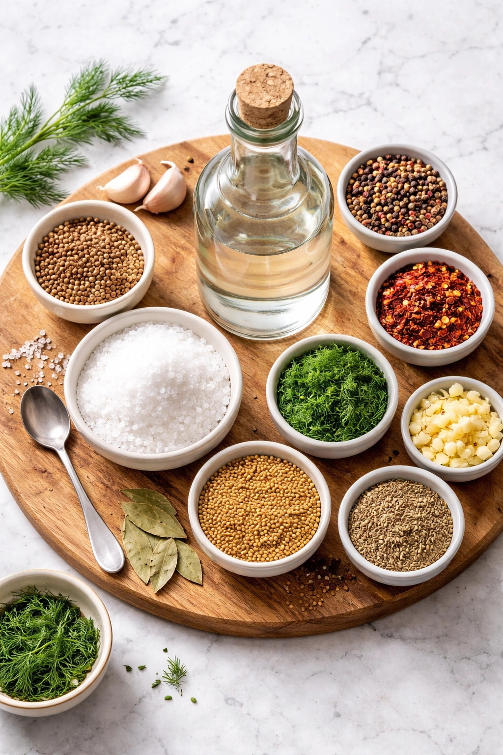 Overhead arrangement of vinegar, salt, and spices for quick pickles on a wooden board