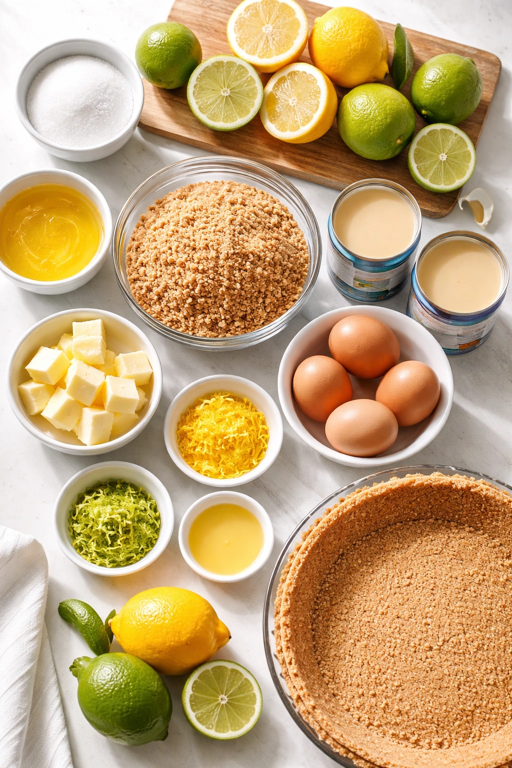 Top-down view of ingredients arranged for no-bake pie prep