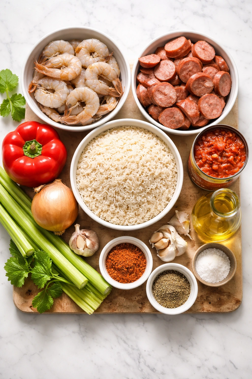 Flat lay of shrimp, sausage, rice, vegetables and spices for dirty rice.