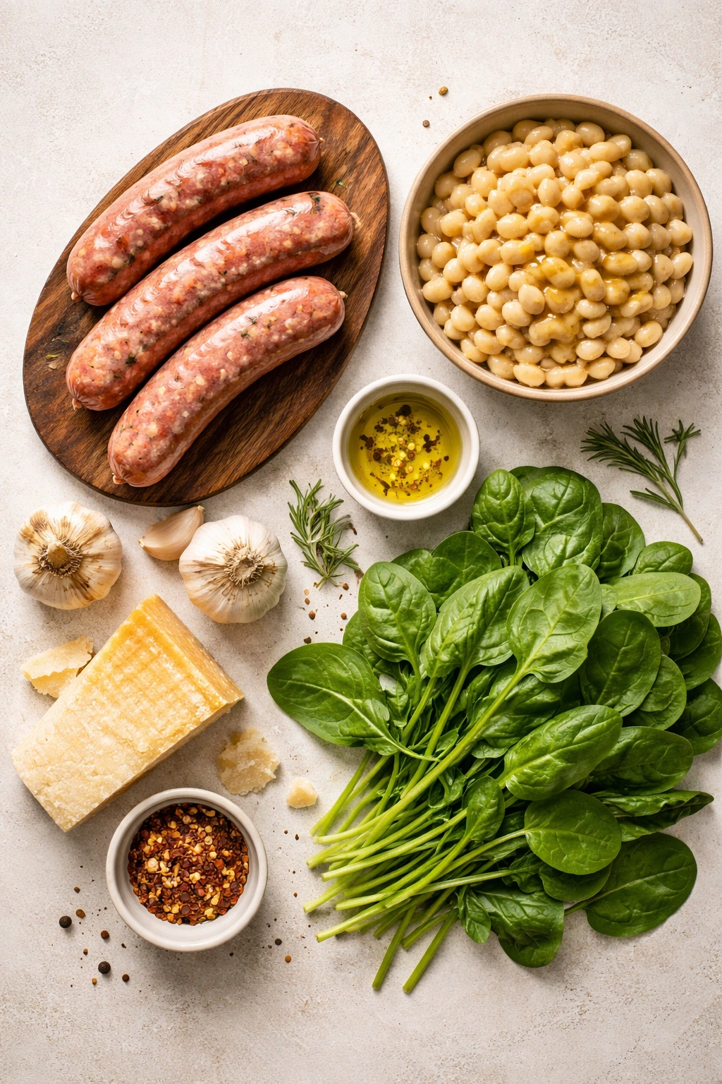 Flat lay of Italian sausage, cannellini beans, parmesan rind, and spinach
