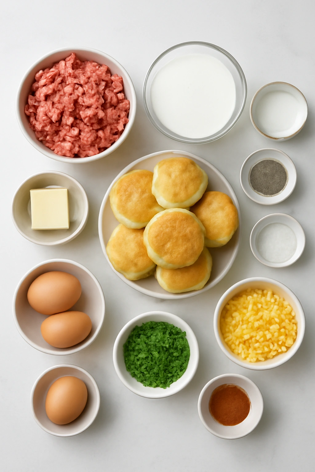 Top-down view of sausage gravy and biscuit ingredients arranged on a countertop