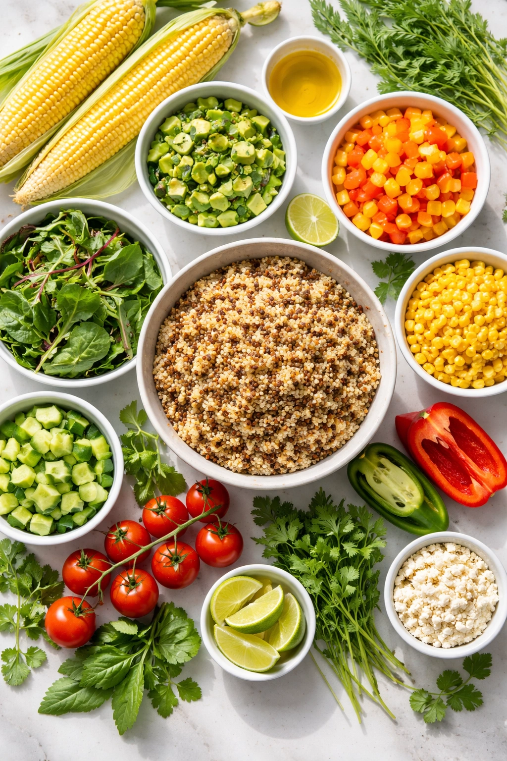 Top-down display of fresh ingredients for a corn and quinoa bowl showing color and quality