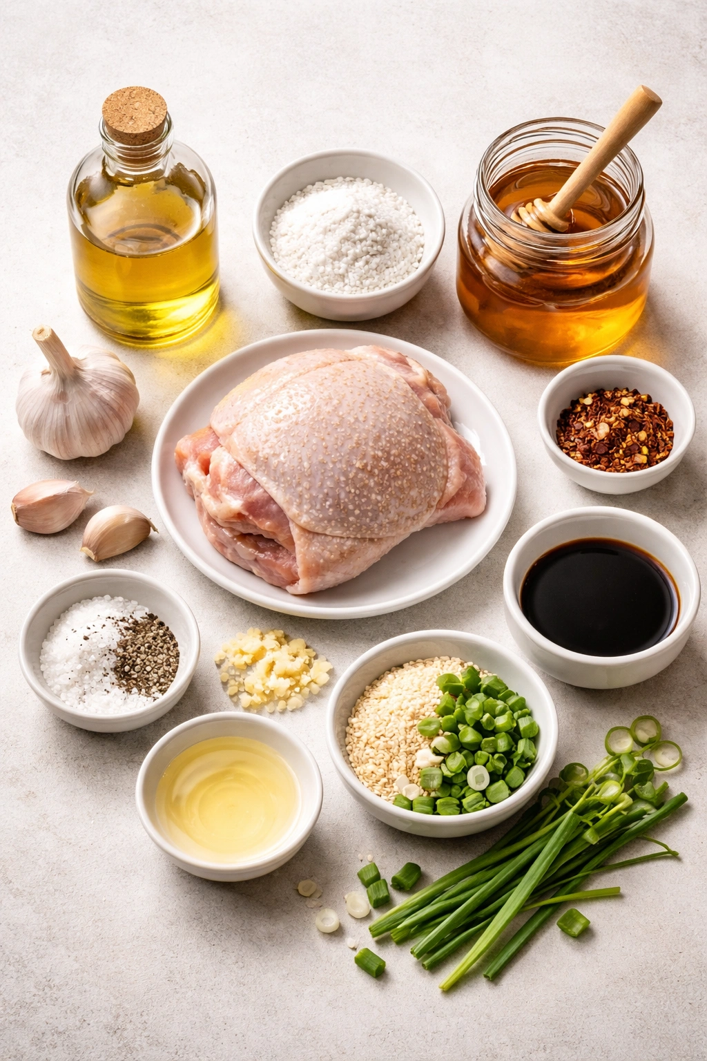 Still life of sesame chicken ingredients including chicken thigh and sauce components