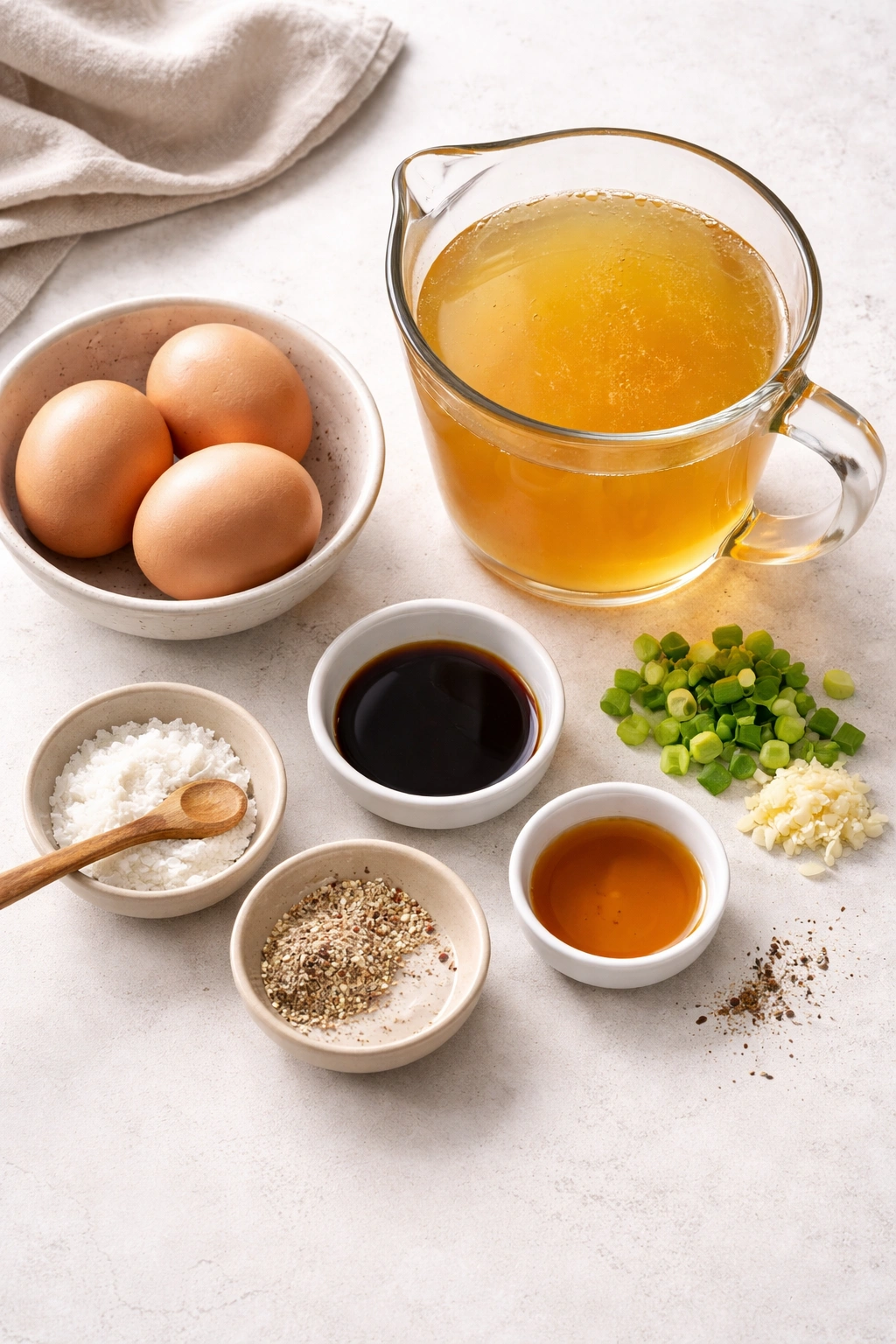 Assorted ingredients arranged for egg drop soup on a clean surface