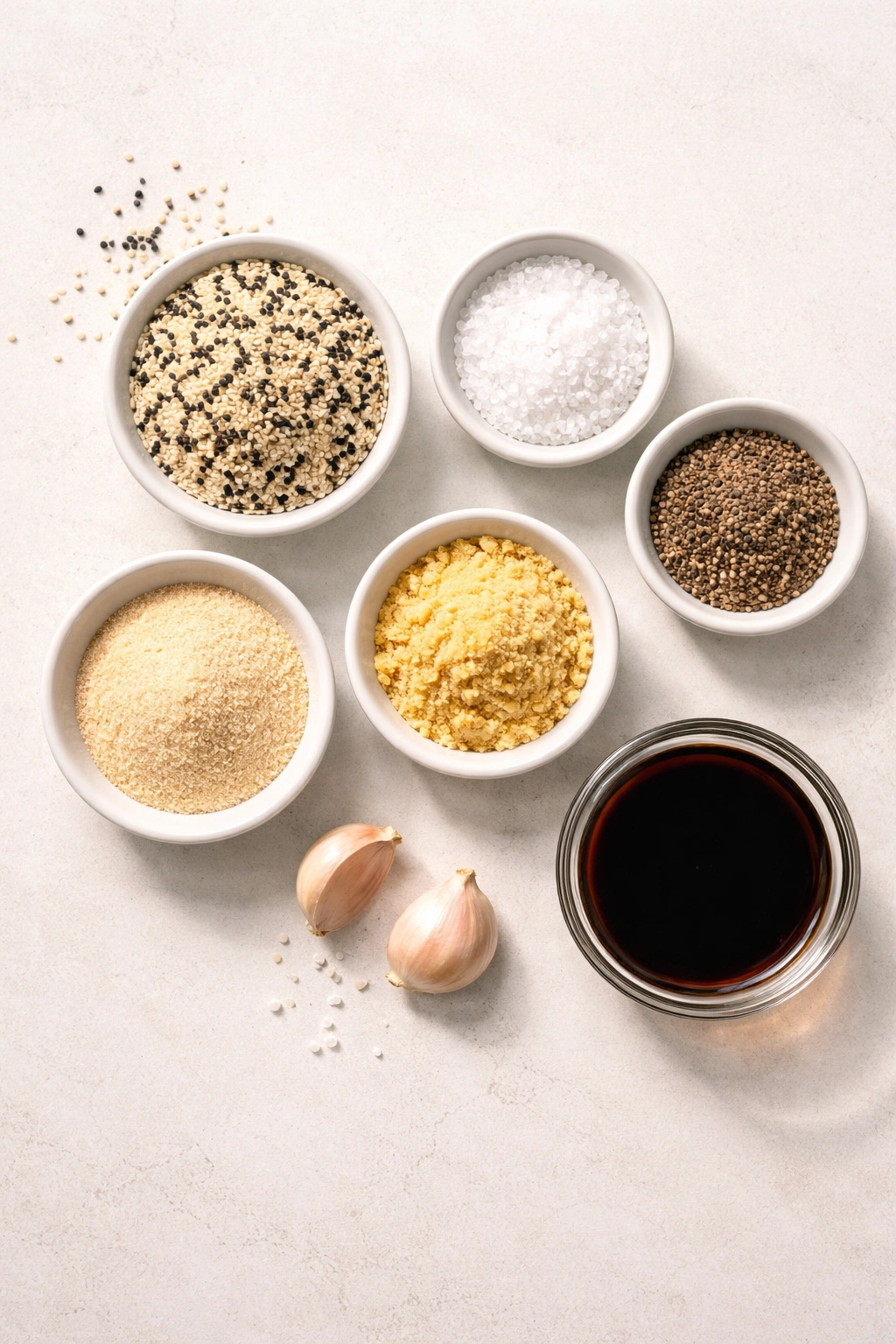 Flat lay of sesame seeds, salt, pepper, garlic powder, ginger, and soy sauce