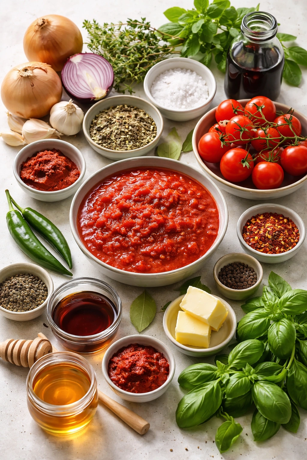 Ingredients array for spicy tomato sauce laid out neatly