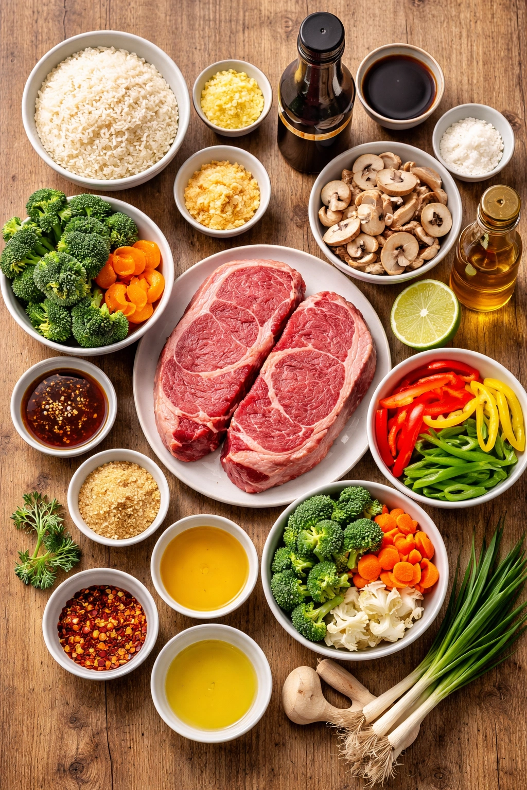Top-down view of assorted stir-fry ingredients laid out on wood surface