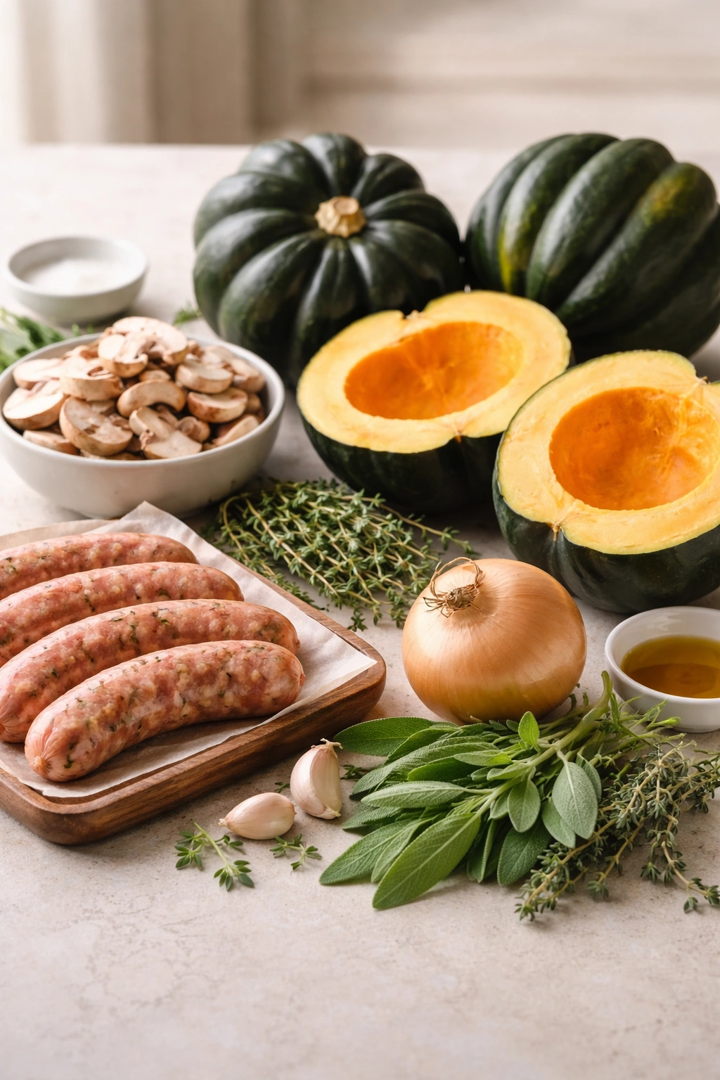 Fresh ingredients for stuffed acorn squash arranged on a neutral surface.