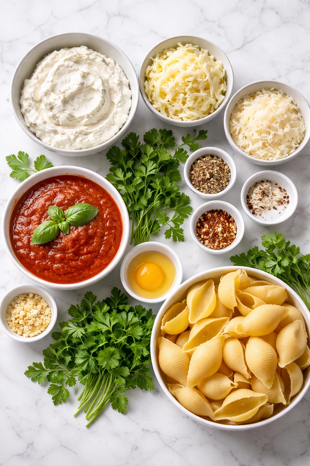 Ricotta, mozzarella, parmesan, egg, parsley, shells and marinara