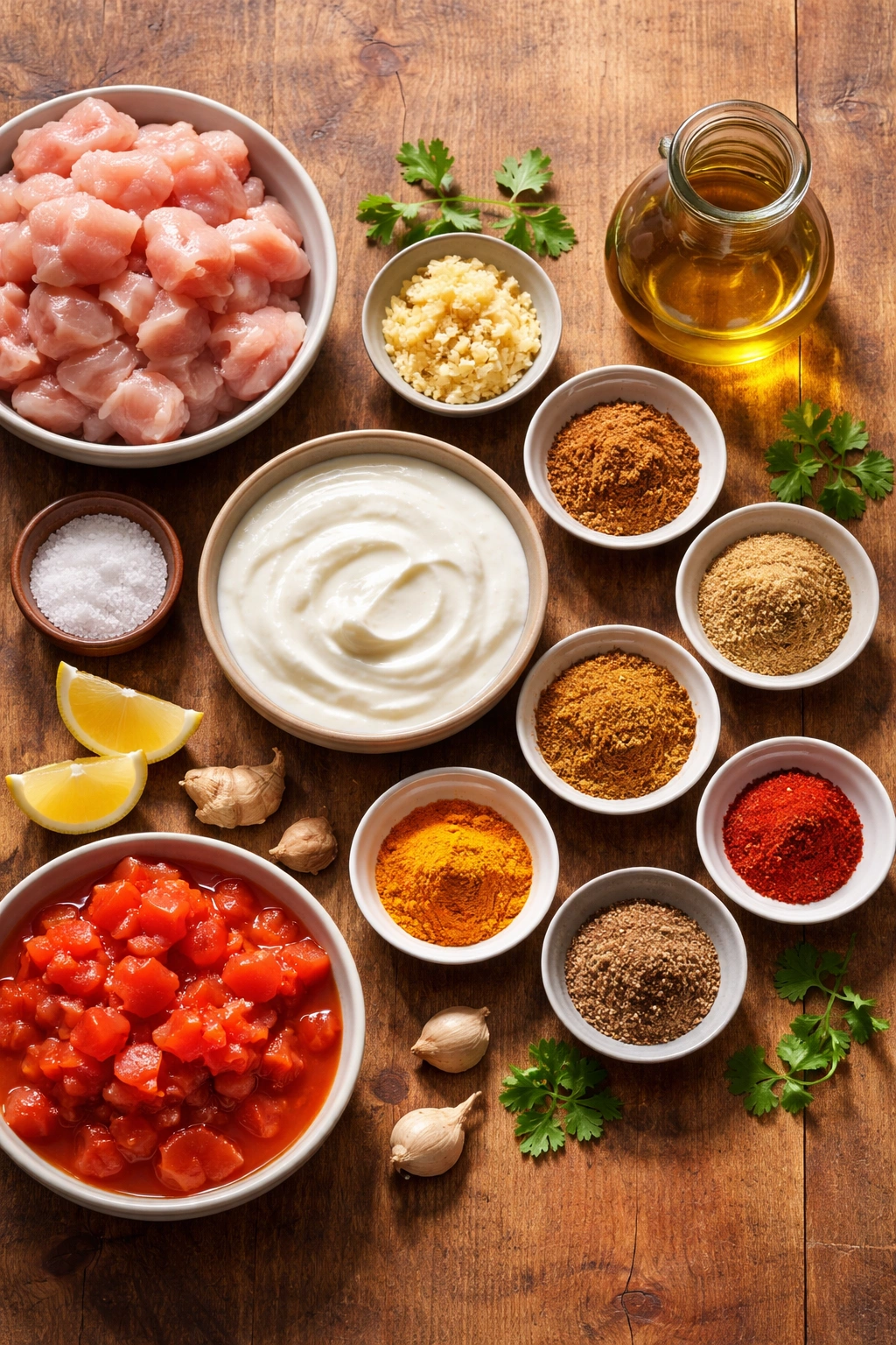 Assorted tikka masala ingredients arranged on wood surface