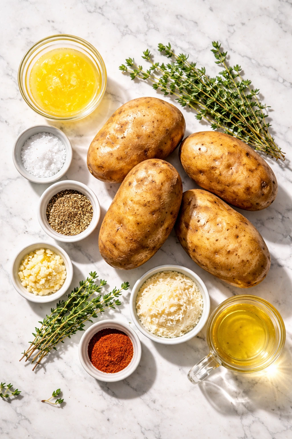 Flat lay of ingredients for hasselback potatoes with butter, garlic, and thyme.