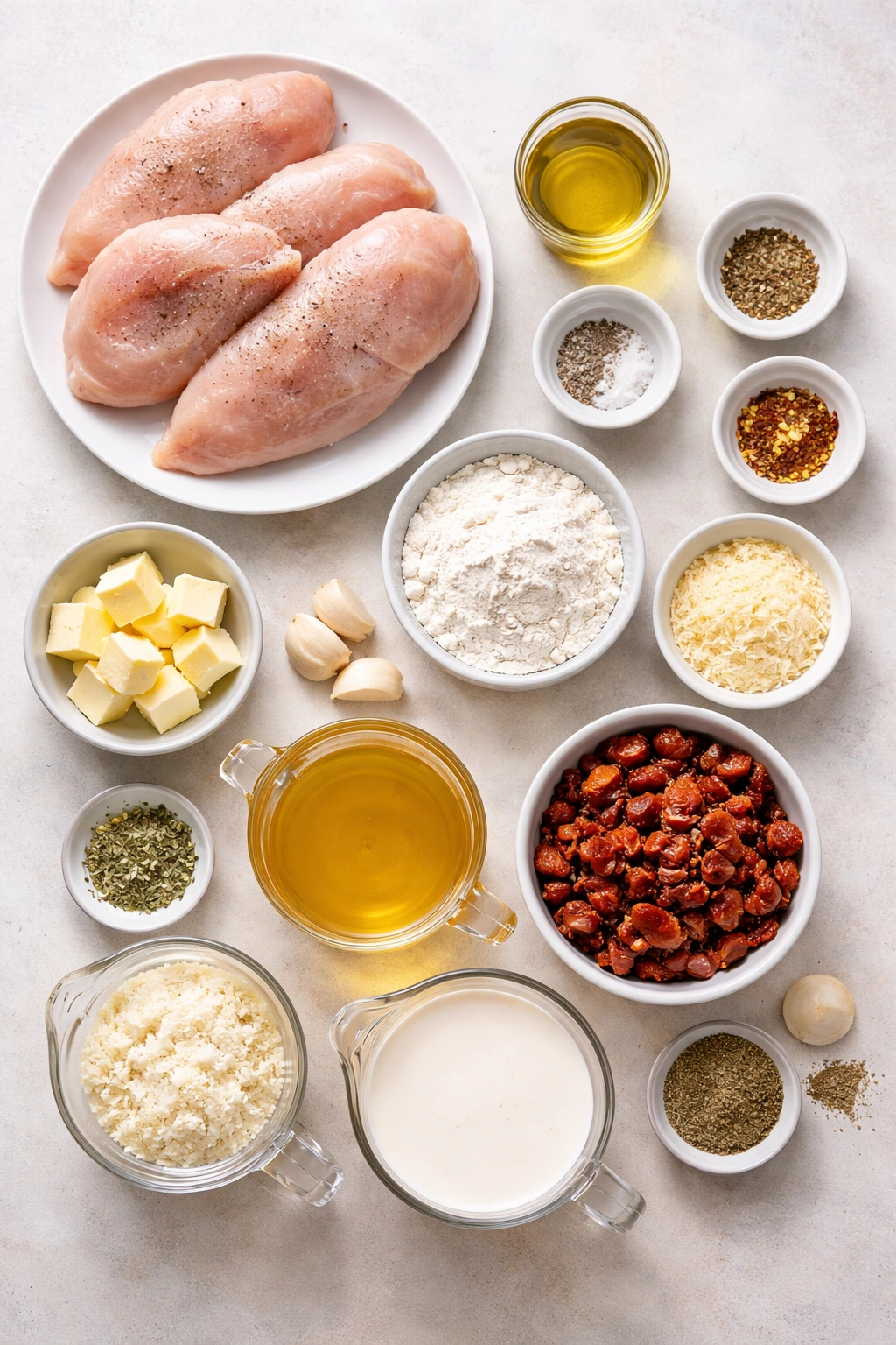 Top-down view of raw ingredients for Marry Me Chicken.